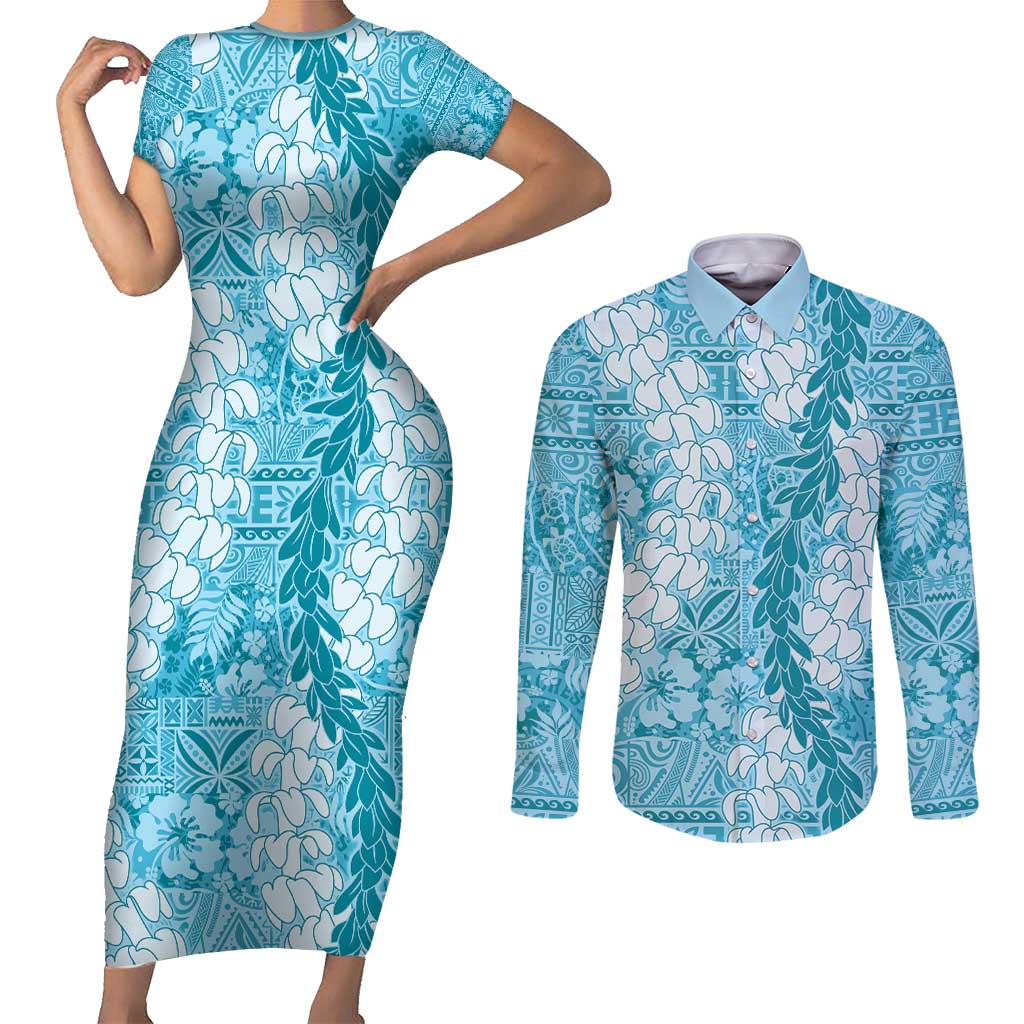 Blue Puakenikeni and Maile Lei Couples Matching Short Sleeve Bodycon Dress and Long Sleeve Button Shirt Hawaiian Style Tribal Tapa Double Strand Lei LT9 Blue - Polynesian Pride