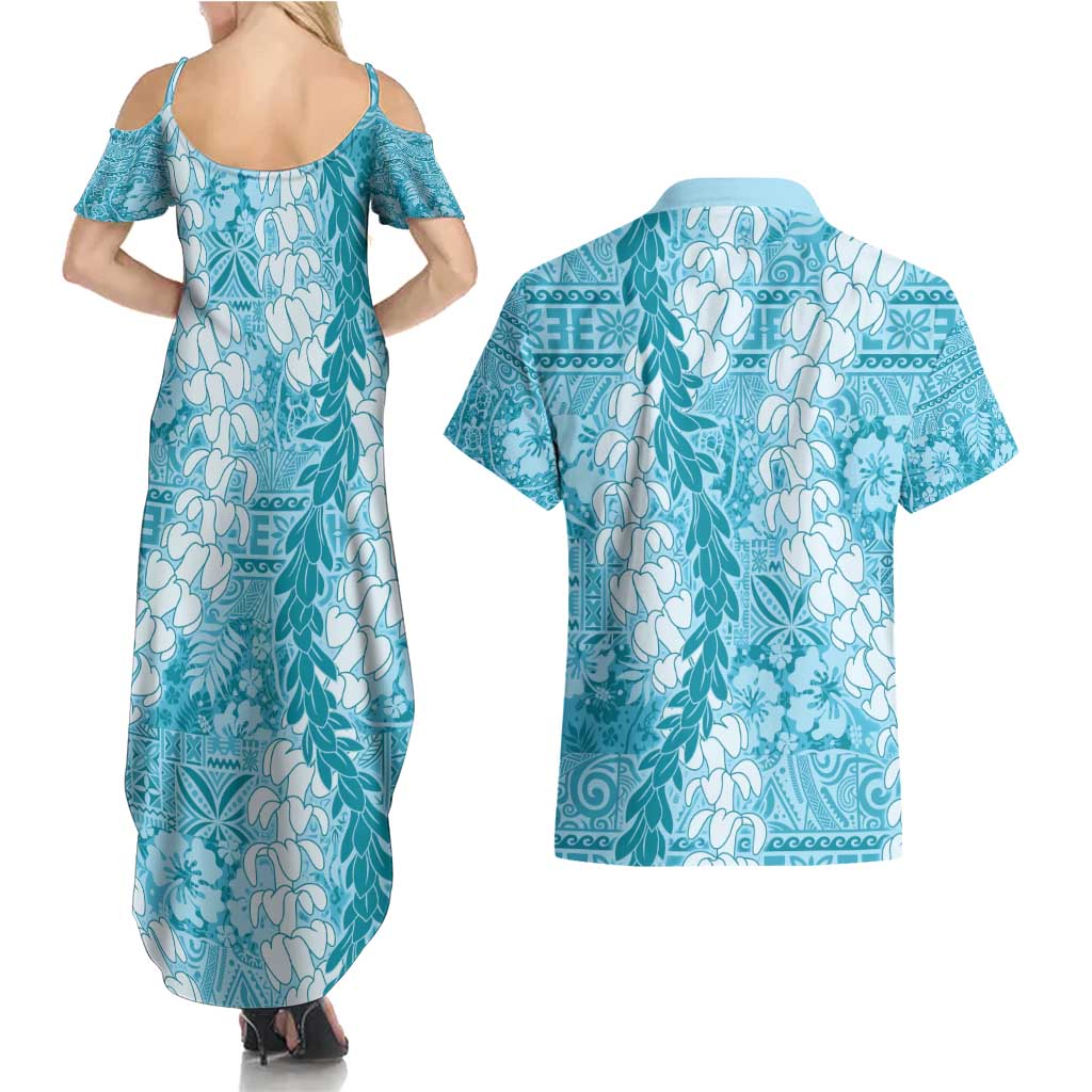 Blue Puakenikeni and Maile Lei Couples Matching Summer Maxi Dress and Hawaiian Shirt Hawaiian Style Tribal Tapa Double Strand Lei