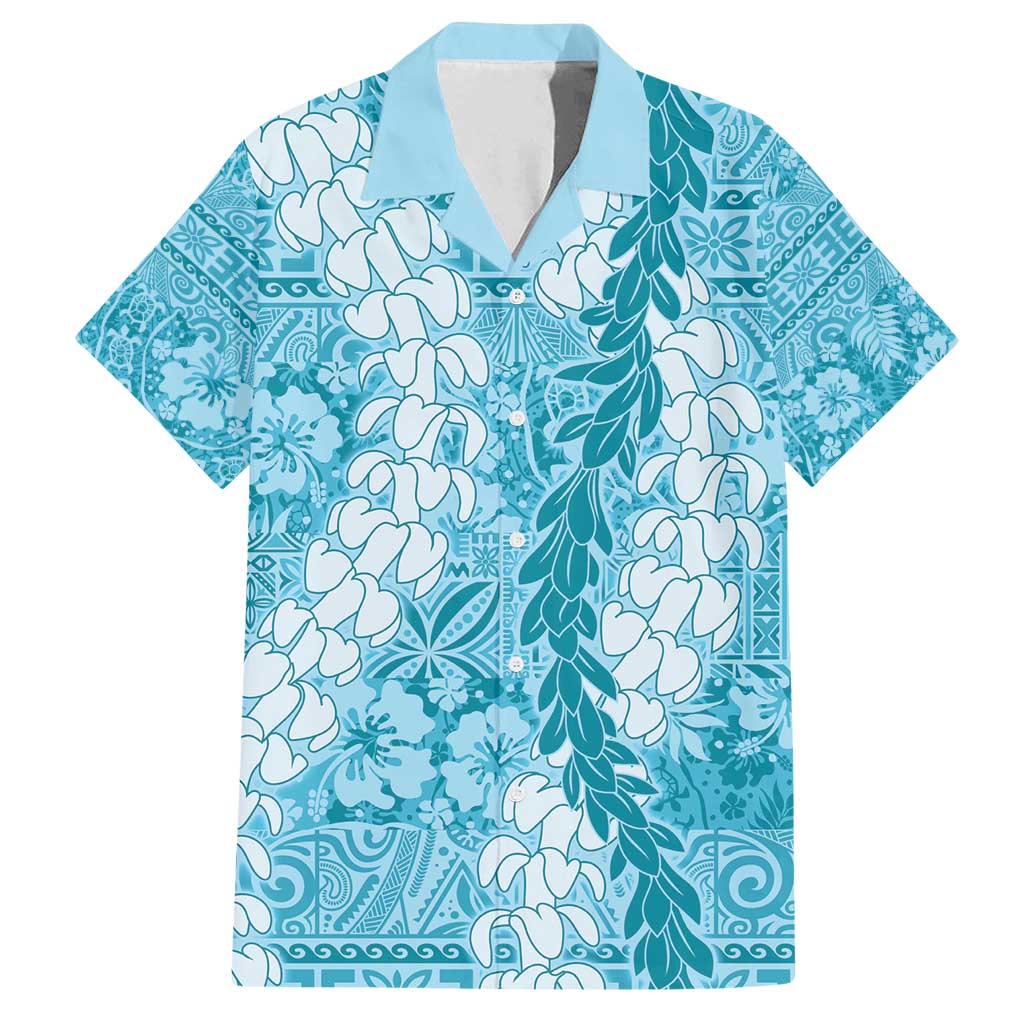 Blue Puakenikeni and Maile Lei Family Matching Long Sleeve Bodycon Dress and Hawaiian Shirt Hawaiian Style Tribal Tapa Double Strand Lei