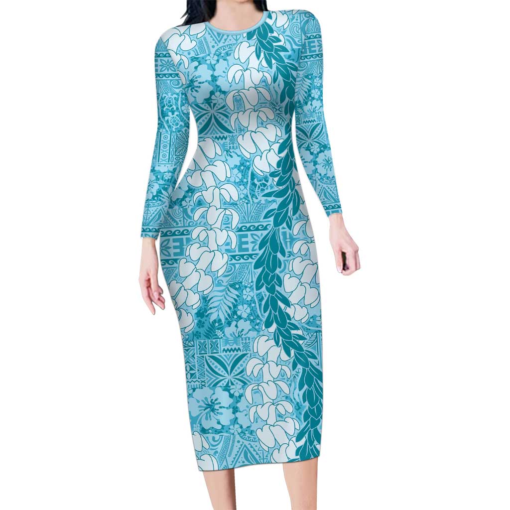 Blue Puakenikeni and Maile Lei Family Matching Long Sleeve Bodycon Dress and Hawaiian Shirt Hawaiian Style Tribal Tapa Double Strand Lei