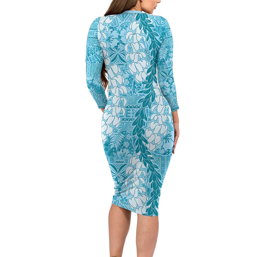 Blue Puakenikeni and Maile Lei Family Matching Long Sleeve Bodycon Dress and Hawaiian Shirt Hawaiian Style Tribal Tapa Double Strand Lei