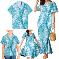 Blue Puakenikeni and Maile Lei Family Matching Mermaid Dress and Hawaiian Shirt Hawaiian Style Tribal Tapa Double Strand Lei