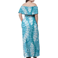 Blue Puakenikeni and Maile Lei Family Matching Off Shoulder Maxi Dress and Hawaiian Shirt Hawaiian Style Tribal Tapa Double Strand Lei