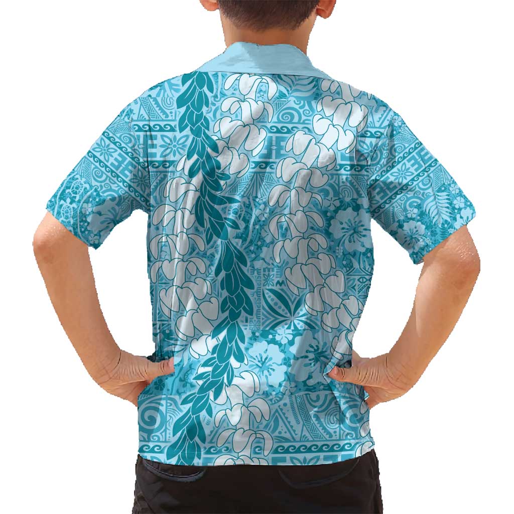 Blue Puakenikeni and Maile Lei Family Matching Off Shoulder Short Dress and Hawaiian Shirt Hawaiian Style Tribal Tapa Double Strand Lei