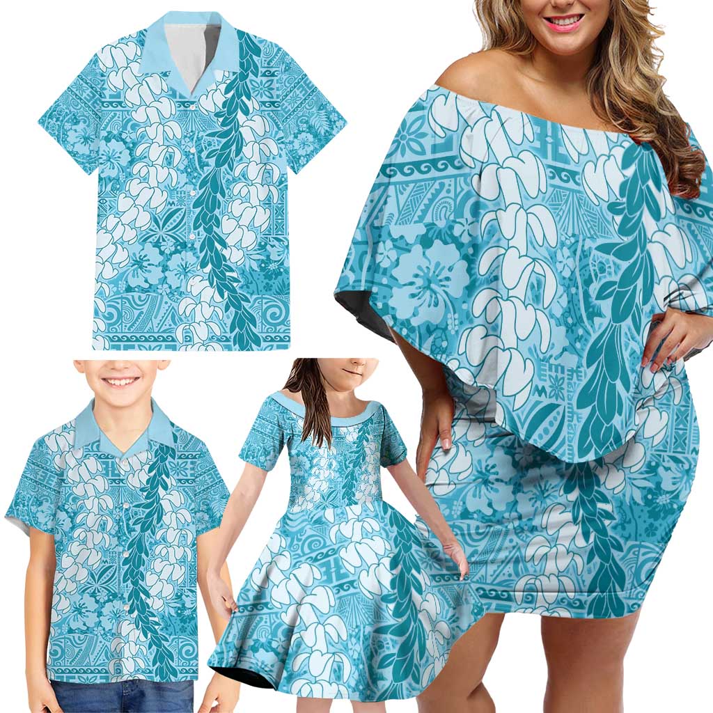 Blue Puakenikeni and Maile Lei Family Matching Off Shoulder Short Dress and Hawaiian Shirt Hawaiian Style Tribal Tapa Double Strand Lei LT9 - Polynesian Pride