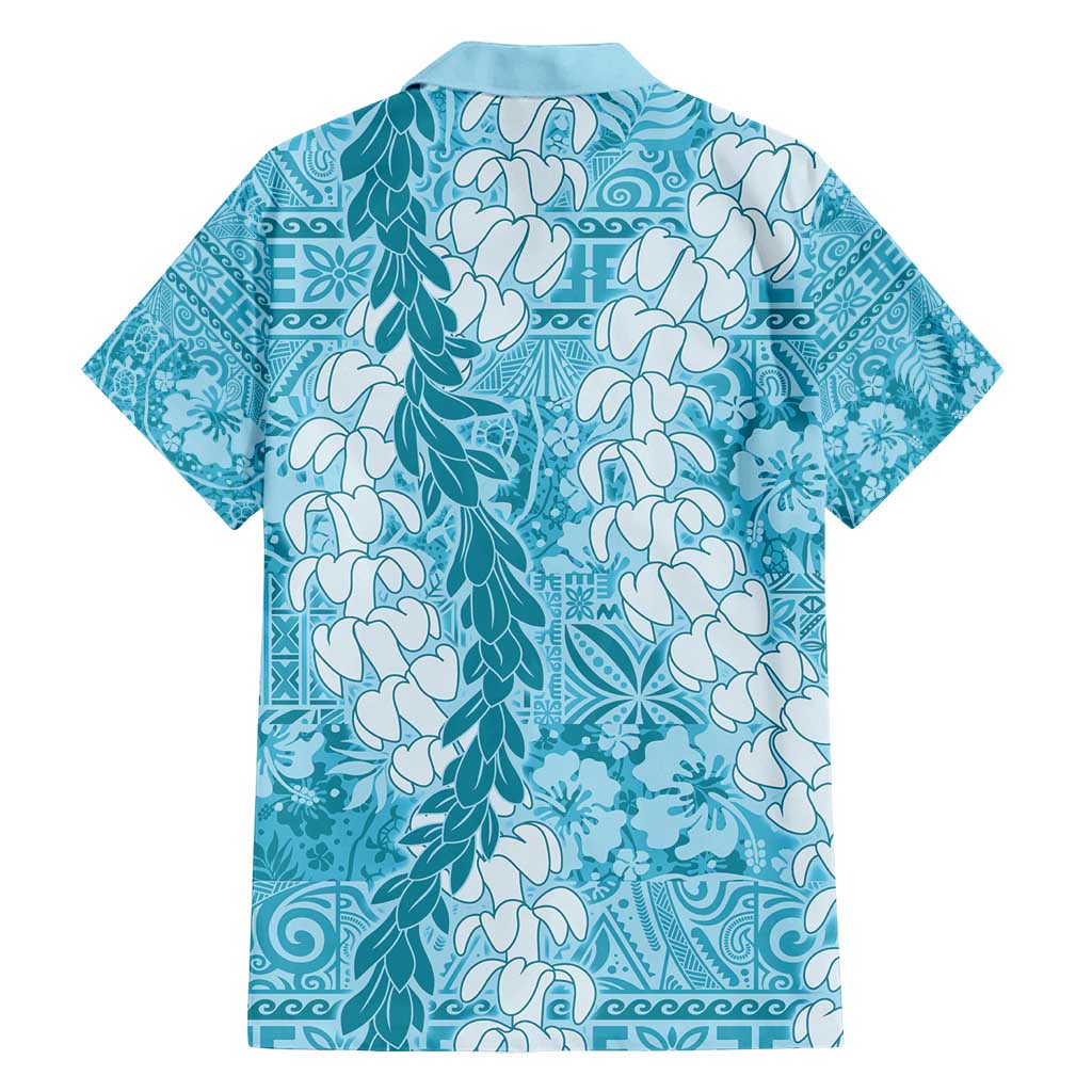 Blue Puakenikeni and Maile Lei Family Matching Off Shoulder Short Dress and Hawaiian Shirt Hawaiian Style Tribal Tapa Double Strand Lei