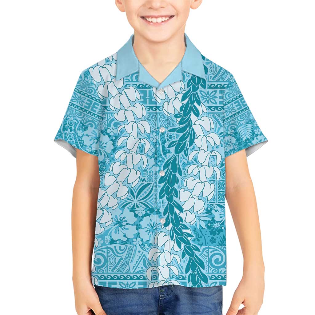 Blue Puakenikeni and Maile Lei Family Matching Off Shoulder Short Dress and Hawaiian Shirt Hawaiian Style Tribal Tapa Double Strand Lei