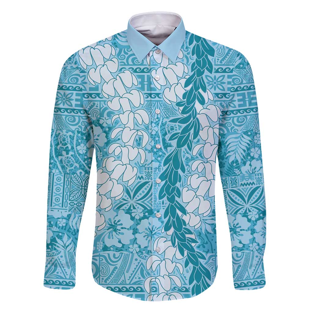 Blue Puakenikeni and Maile Lei Family Matching Puletasi and Hawaiian Shirt Hawaiian Style Tribal Tapa Double Strand Lei