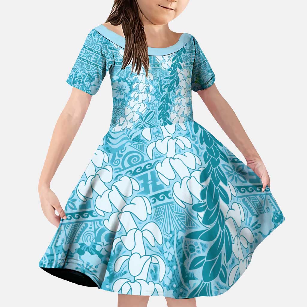 Blue Puakenikeni and Maile Lei Family Matching Short Sleeve Bodycon Dress and Hawaiian Shirt Hawaiian Style Tribal Tapa Double Strand Lei