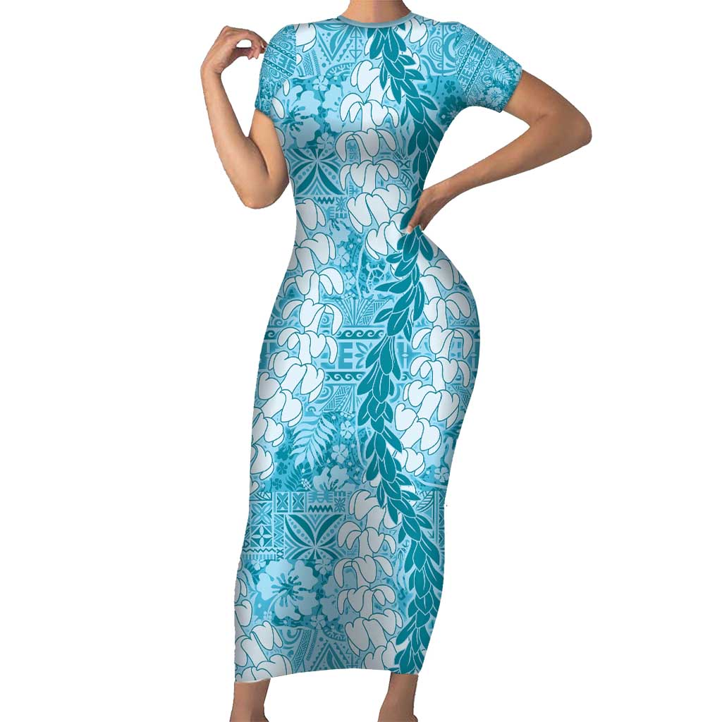 Blue Puakenikeni and Maile Lei Family Matching Short Sleeve Bodycon Dress and Hawaiian Shirt Hawaiian Style Tribal Tapa Double Strand Lei