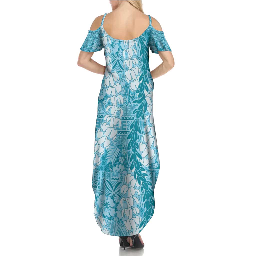 Blue Puakenikeni and Maile Lei Family Matching Summer Maxi Dress and Hawaiian Shirt Hawaiian Style Tribal Tapa Double Strand Lei