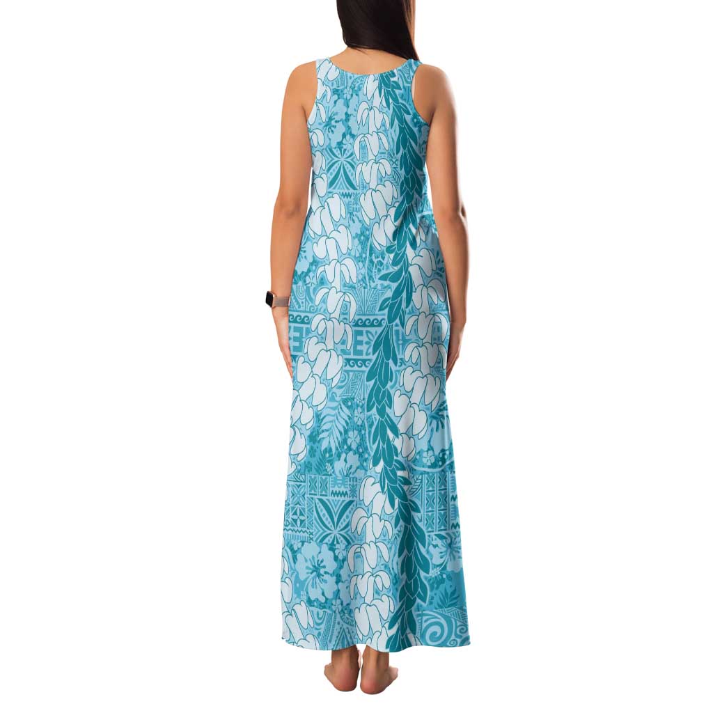 Blue Puakenikeni and Maile Lei Family Matching Tank Maxi Dress and Hawaiian Shirt Hawaiian Style Tribal Tapa Double Strand Lei