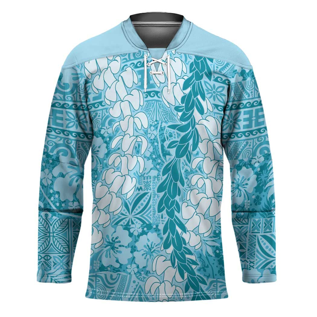 Blue Puakenikeni and Maile Lei Hockey Jersey Hawaiian Style Tribal Tapa Double Strand Lei - Polynesian Pride