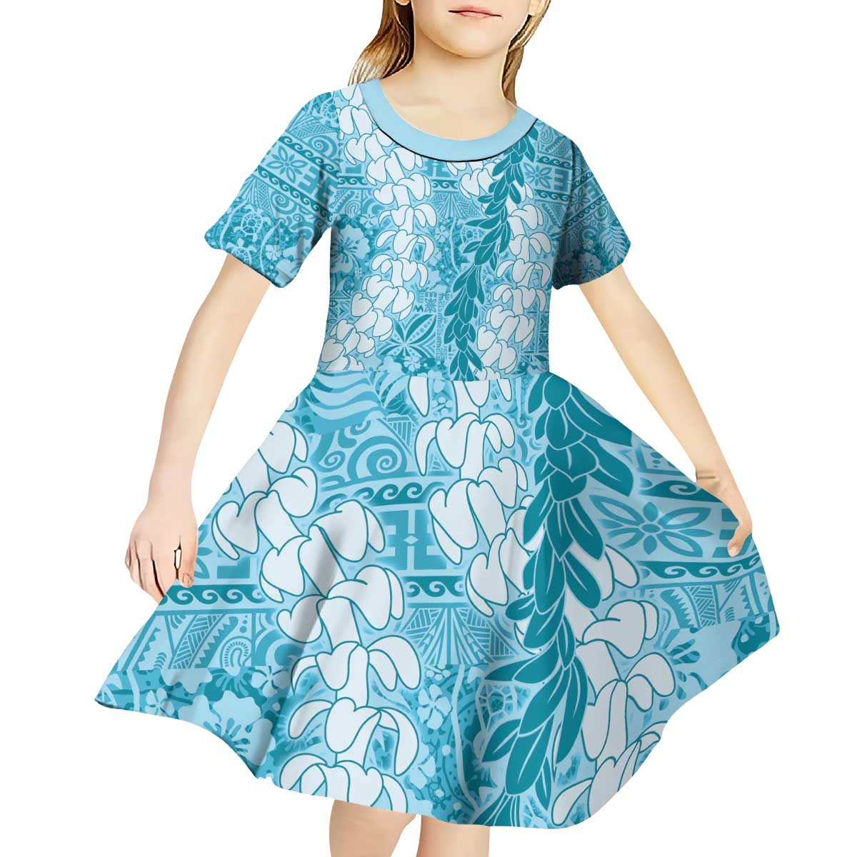 Blue Puakenikeni and Maile Lei Kid Short Sleeve Dress Hawaiian Style Tribal Tapa Double Strand Lei