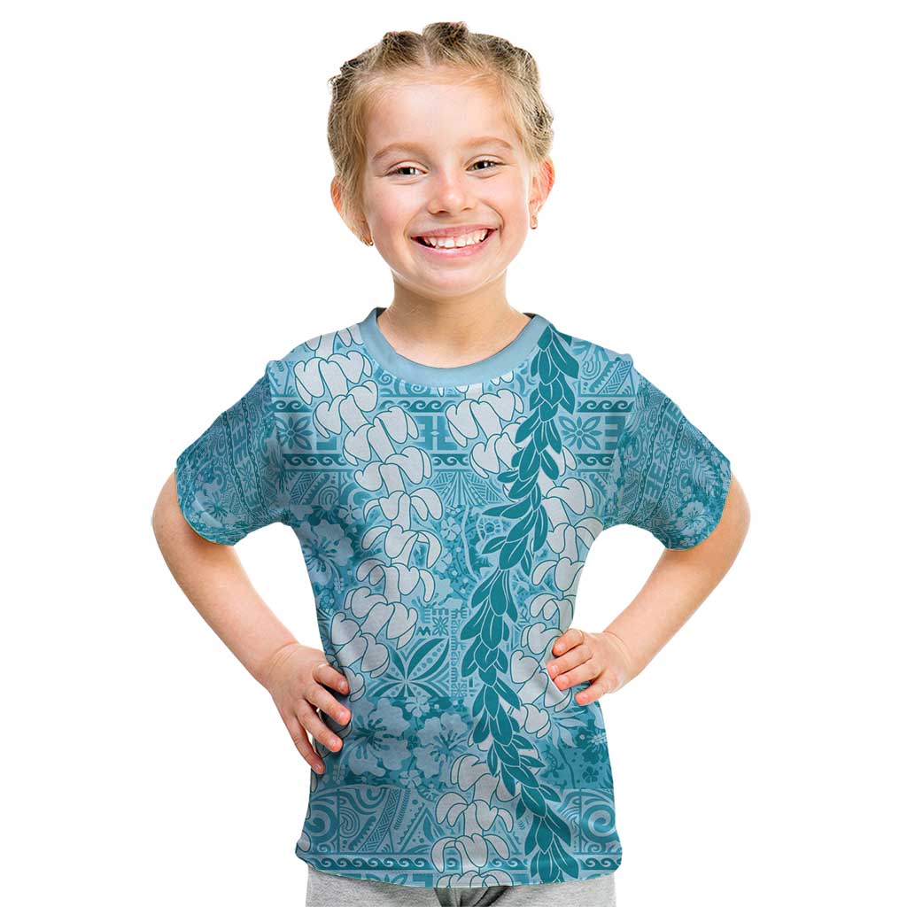 Blue Puakenikeni and Maile Lei Kid T Shirt Hawaiian Style Tribal Tapa Double Strand Lei