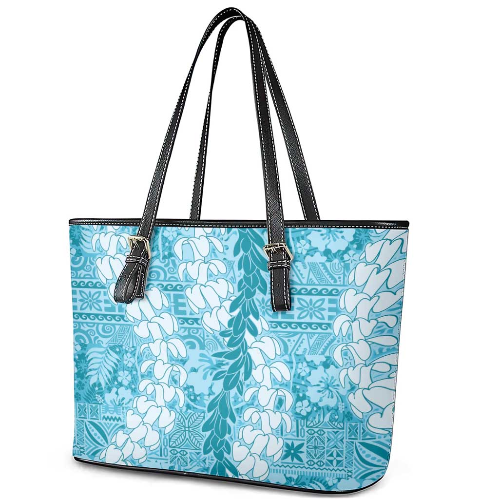 Blue Puakenikeni and Maile Lei Leather Tote Bag Hawaiian Style Tribal Tapa Double Strand Lei