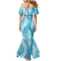 Blue Puakenikeni and Maile Lei Mermaid Dress Hawaiian Style Tribal Tapa Double Strand Lei