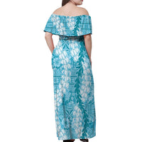 Blue Puakenikeni and Maile Lei Off Shoulder Maxi Dress Hawaiian Style Tribal Tapa Double Strand Lei