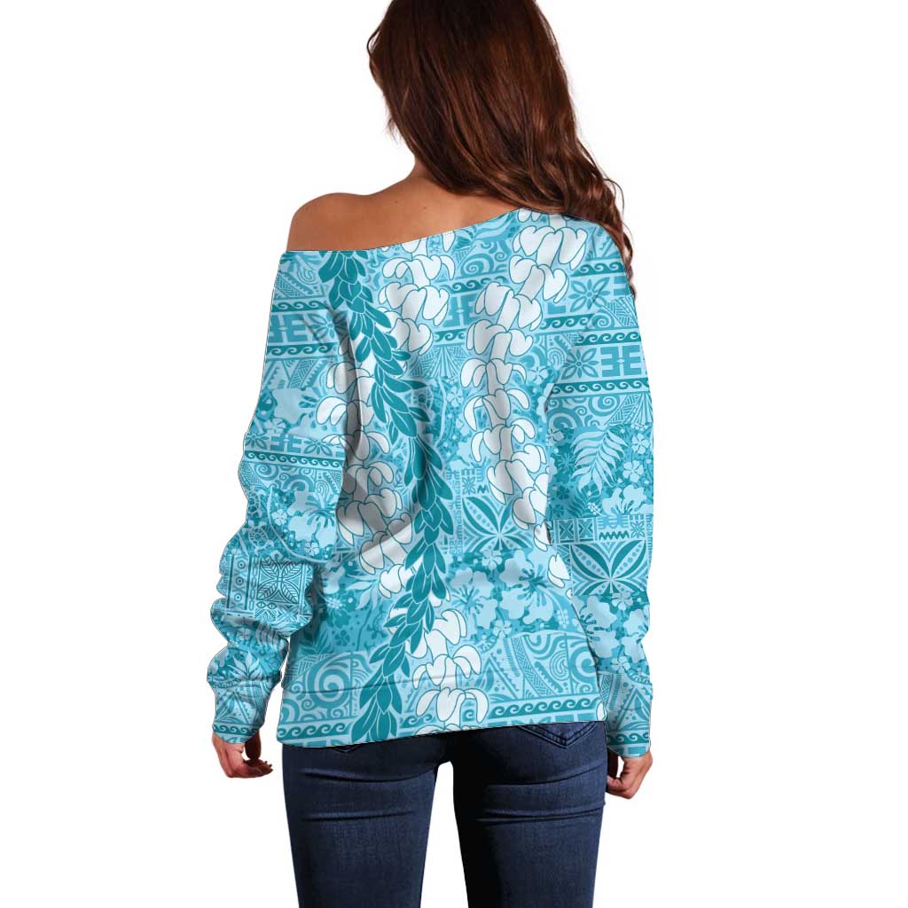 Blue Puakenikeni and Maile Lei Off Shoulder Sweater Hawaiian Style Tribal Tapa Double Strand Lei