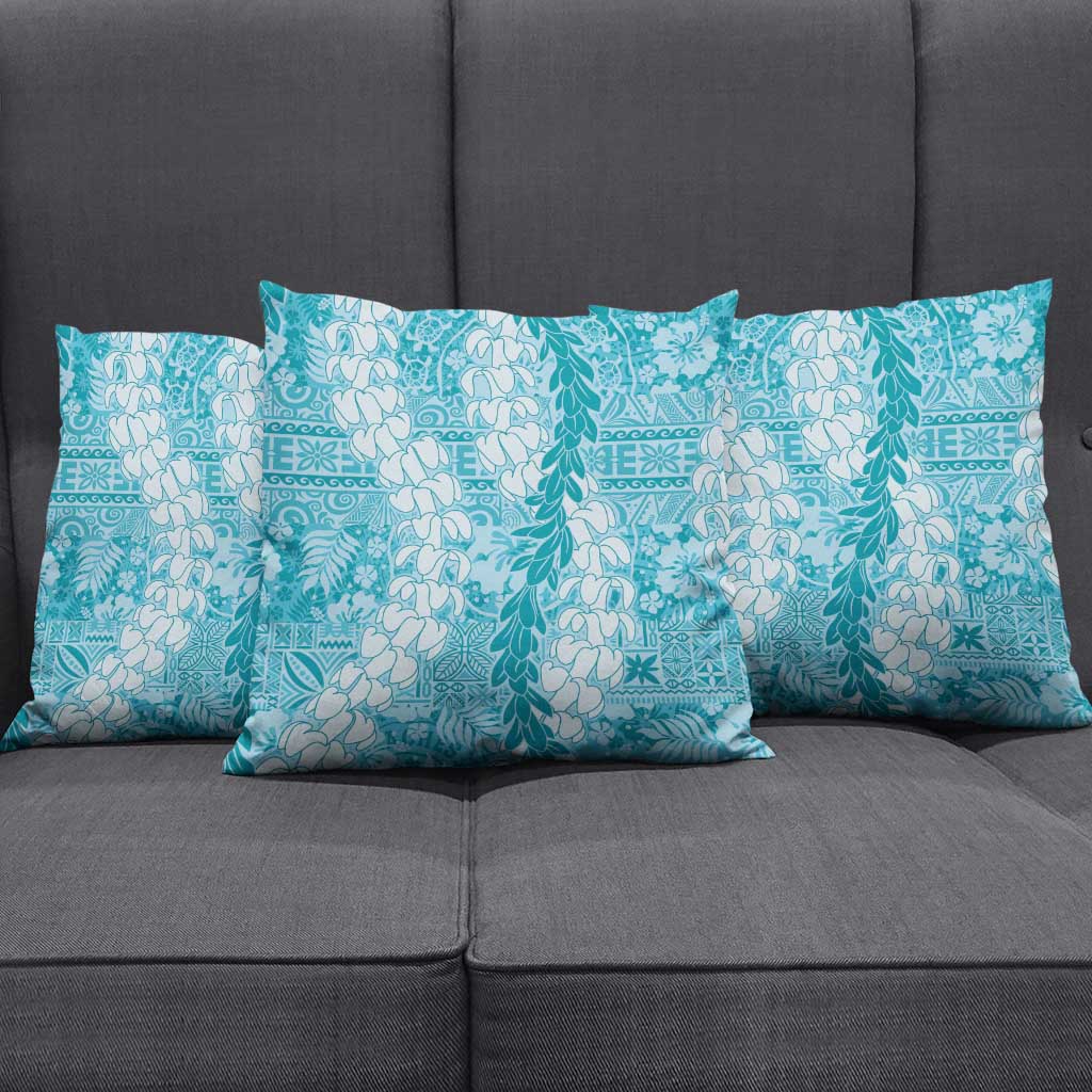 Blue Puakenikeni and Maile Lei Pillow Cover Hawaiian Style Tribal Tapa Double Strand Lei - Polynesian Pride