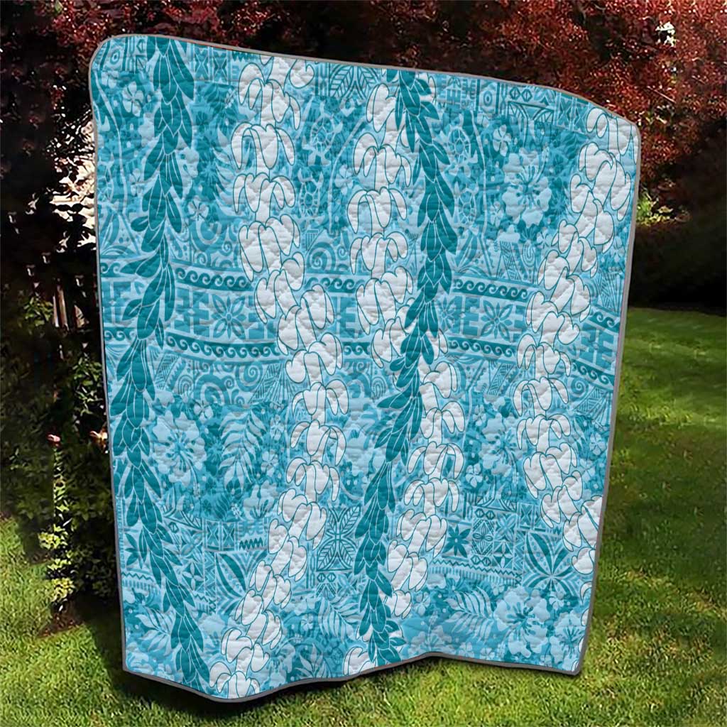 Blue Puakenikeni and Maile Lei Quilt Hawaiian Style Tribal Tapa Double Strand Lei