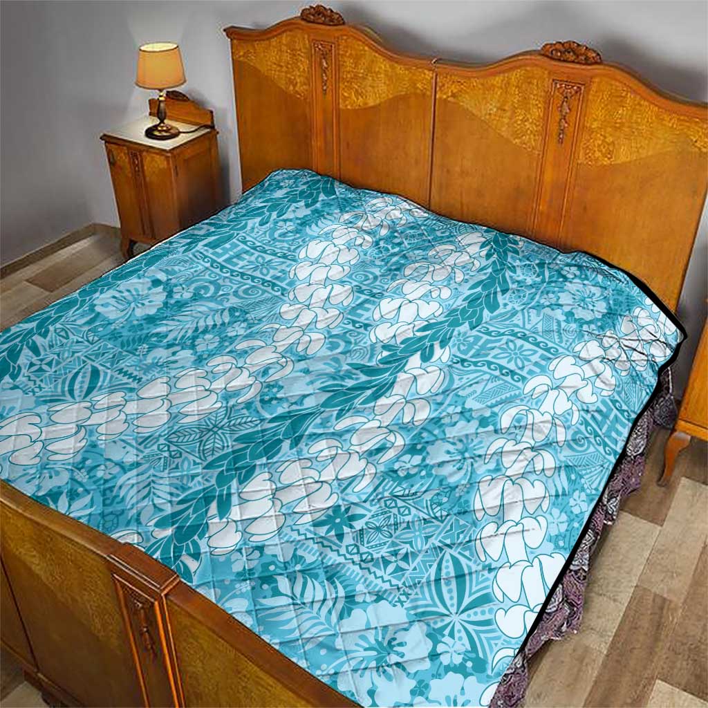 Blue Puakenikeni and Maile Lei Quilt Hawaiian Style Tribal Tapa Double Strand Lei