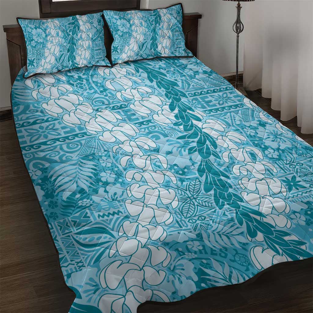 Blue Puakenikeni and Maile Lei Quilt Bed Set Hawaiian Style Tribal Tapa Double Strand Lei