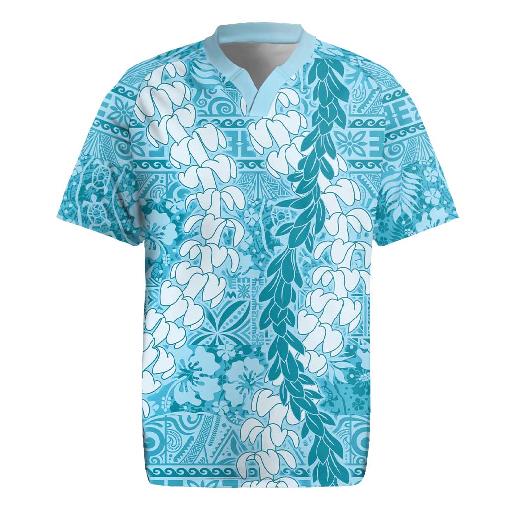 Blue Puakenikeni and Maile Lei Rugby Jersey Hawaiian Style Tribal Tapa Double Strand Lei