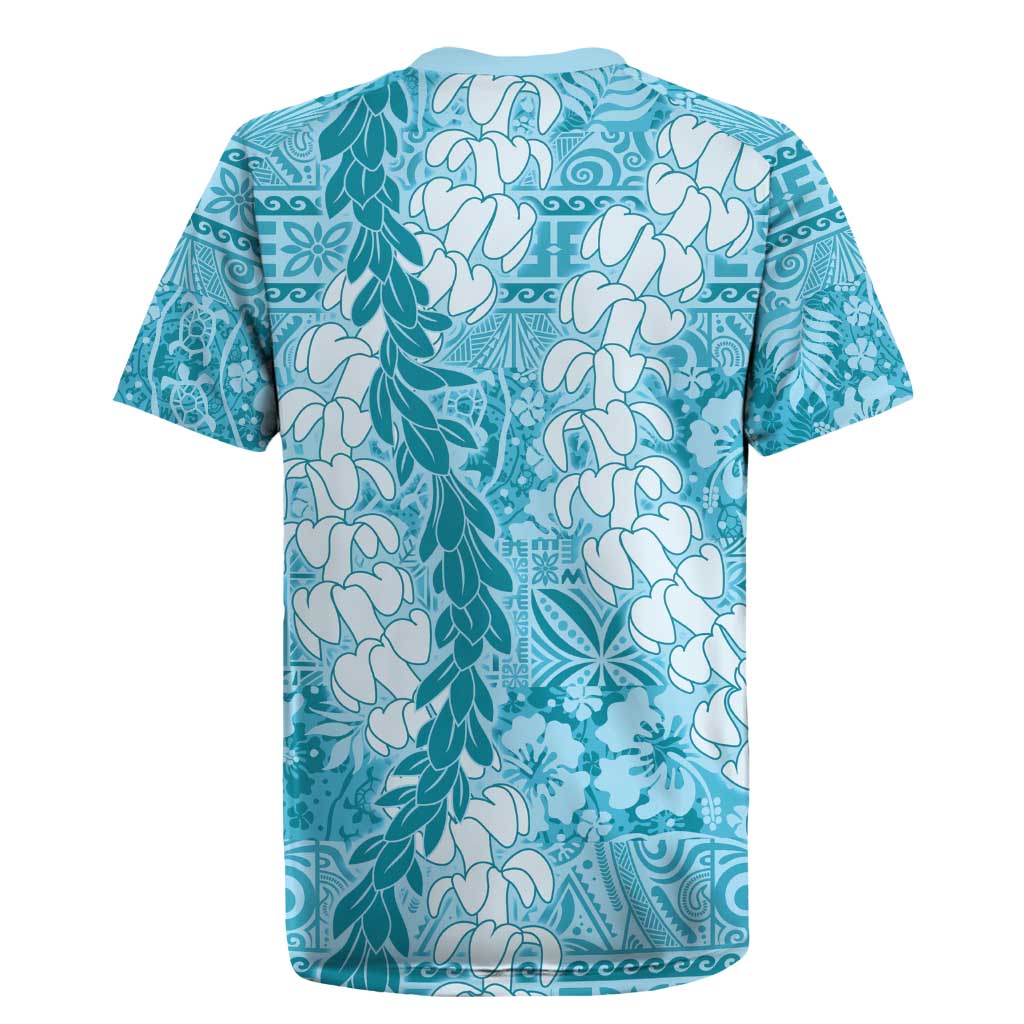 Blue Puakenikeni and Maile Lei Rugby Jersey Hawaiian Style Tribal Tapa Double Strand Lei