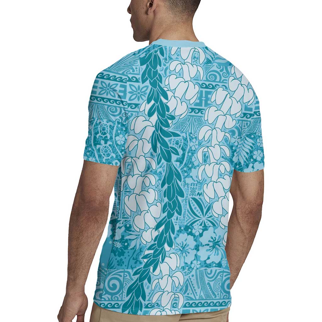 Blue Puakenikeni and Maile Lei Rugby Jersey Hawaiian Style Tribal Tapa Double Strand Lei