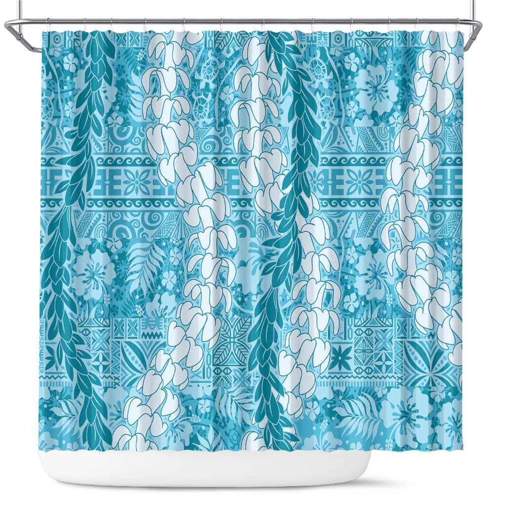 Blue Puakenikeni and Maile Lei Shower Curtain Hawaiian Style Tribal Tapa Double Strand Lei