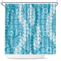 Blue Puakenikeni and Maile Lei Shower Curtain Hawaiian Style Tribal Tapa Double Strand Lei