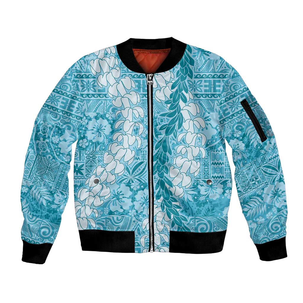 Blue Puakenikeni and Maile Lei Sleeve Zip Bomber Jacket Hawaiian Style Tribal Tapa Double Strand Lei