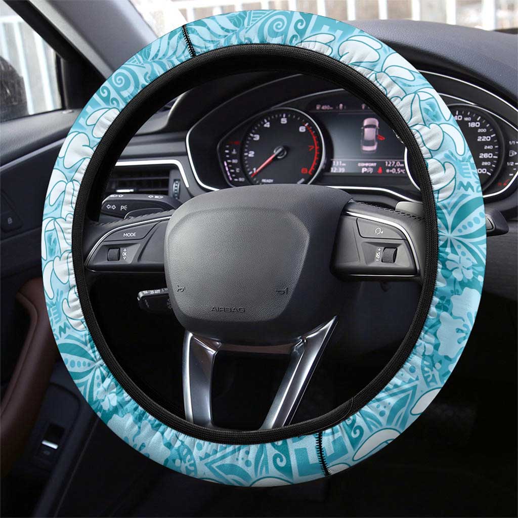 Blue Puakenikeni and Maile Lei Steering Wheel Cover Hawaiian Style Tribal Tapa Double Strand Lei