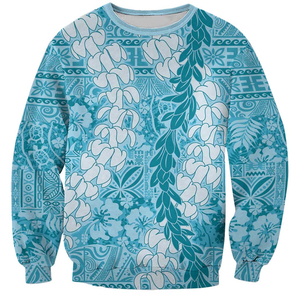 Blue Puakenikeni and Maile Lei Sweatshirt Hawaiian Style Tribal Tapa Double Strand Lei LT9 Unisex Blue - Polynesian Pride