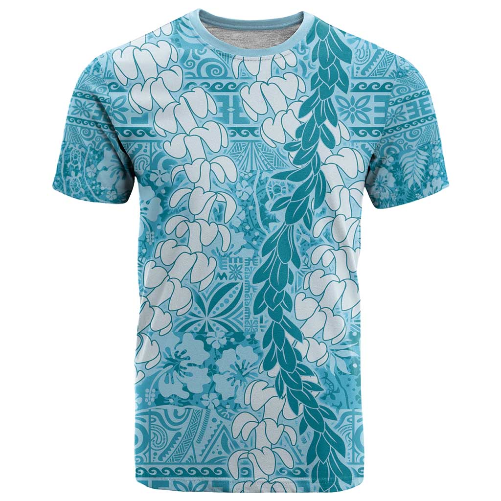 Blue Puakenikeni and Maile Lei T Shirt Hawaiian Style Tribal Tapa Double Strand Lei