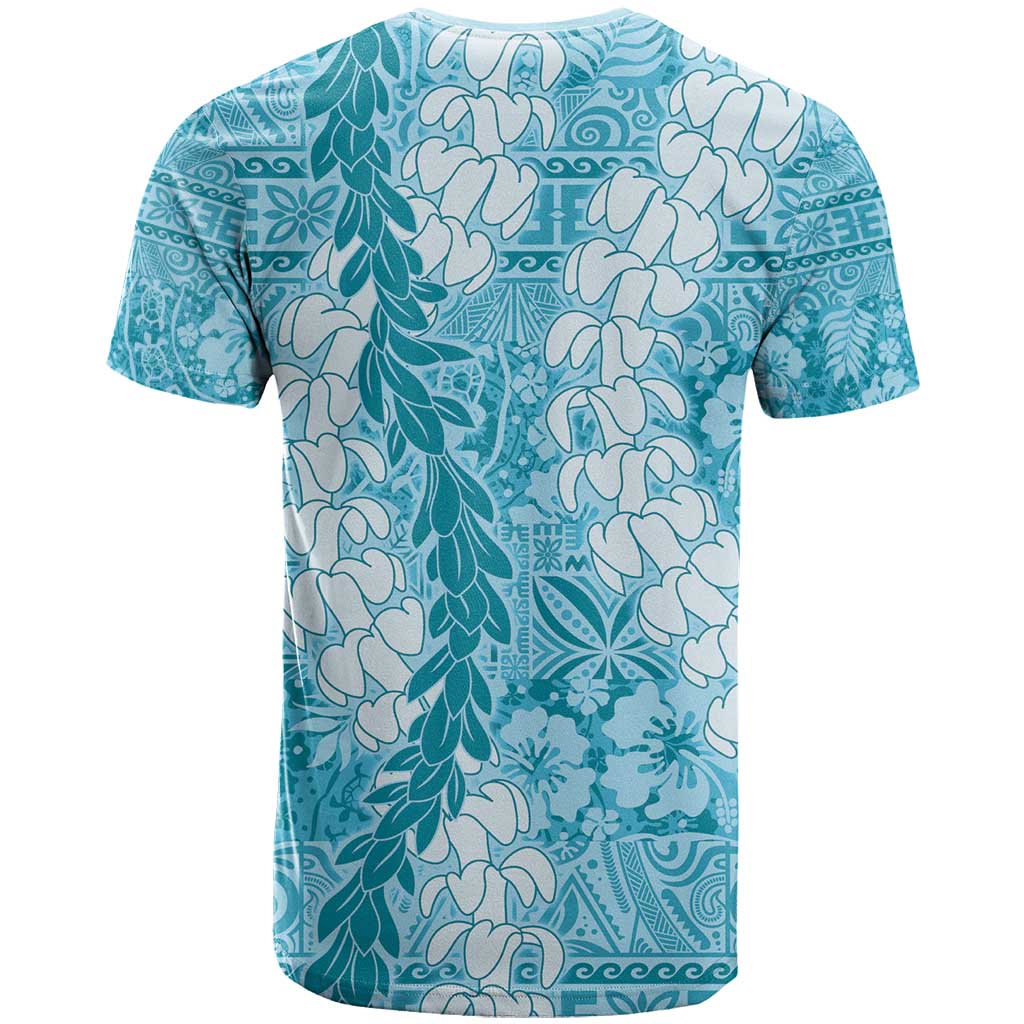 Blue Puakenikeni and Maile Lei T Shirt Hawaiian Style Tribal Tapa Double Strand Lei
