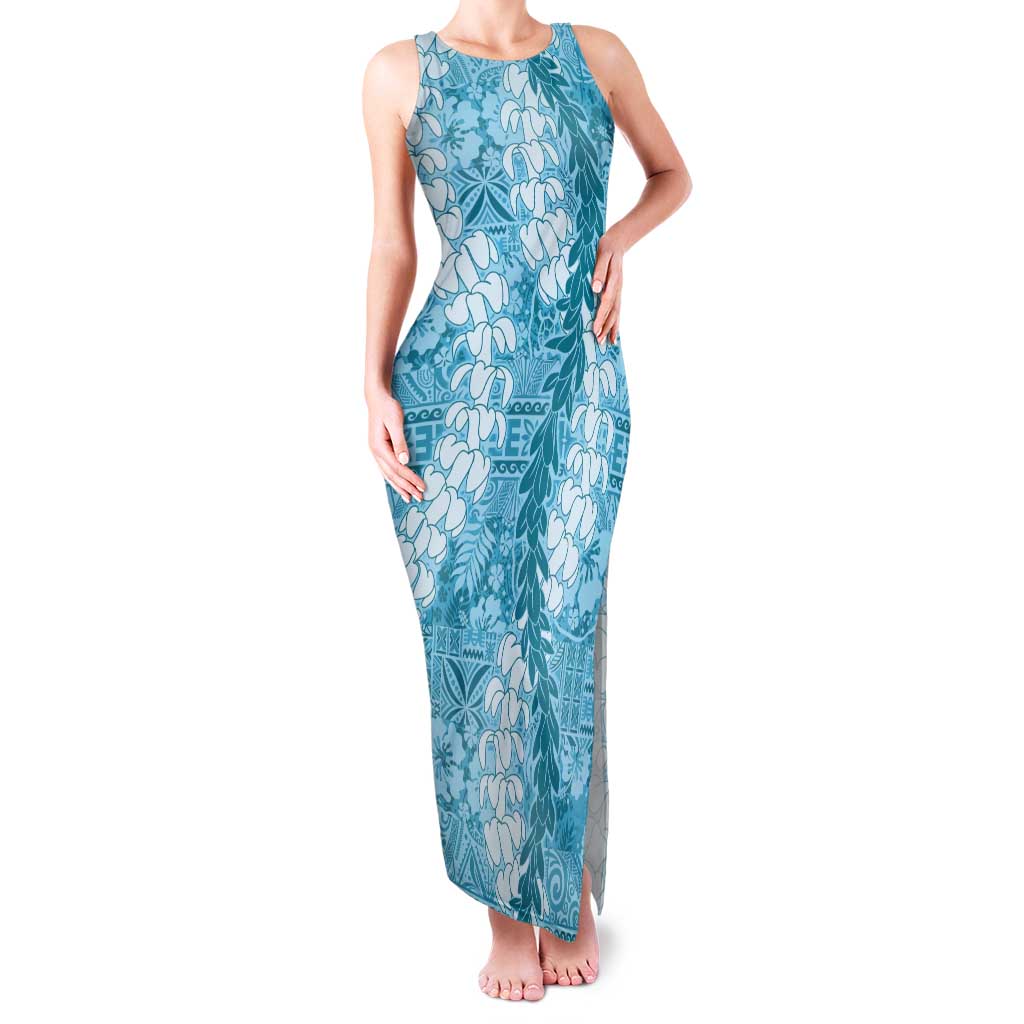 Blue Puakenikeni and Maile Lei Tank Maxi Dress Hawaiian Style Tribal Tapa Double Strand Lei