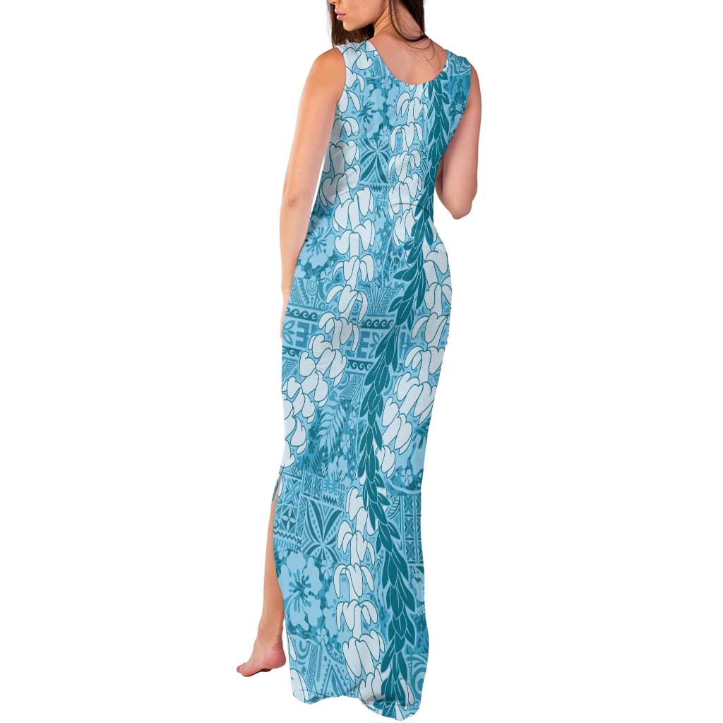 Blue Puakenikeni and Maile Lei Tank Maxi Dress Hawaiian Style Tribal Tapa Double Strand Lei