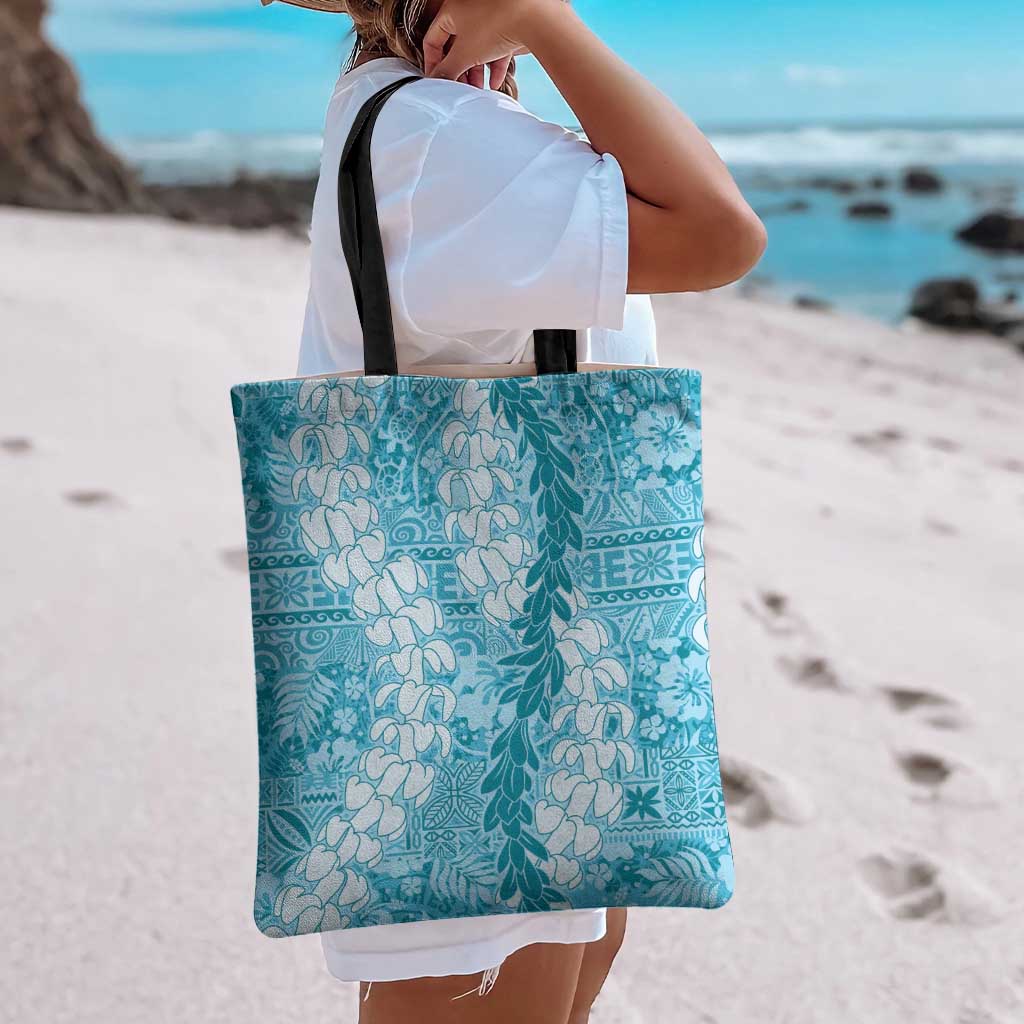 Blue Puakenikeni and Maile Lei Tote Bag Hawaiian Style Tribal Tapa Double Strand Lei - Polynesian Pride
