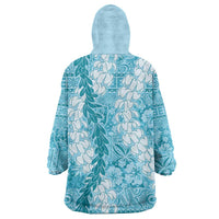 Blue Puakenikeni and Maile Lei Wearable Blanket Hoodie Hawaiian Style Tribal Tapa Double Strand Lei