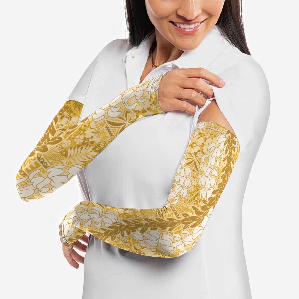 Gold Puakenikeni and Maile Lei Arm Sleeves Hawaiian Style Tribal Tapa Double Strand Lei - Polynesian Pride
