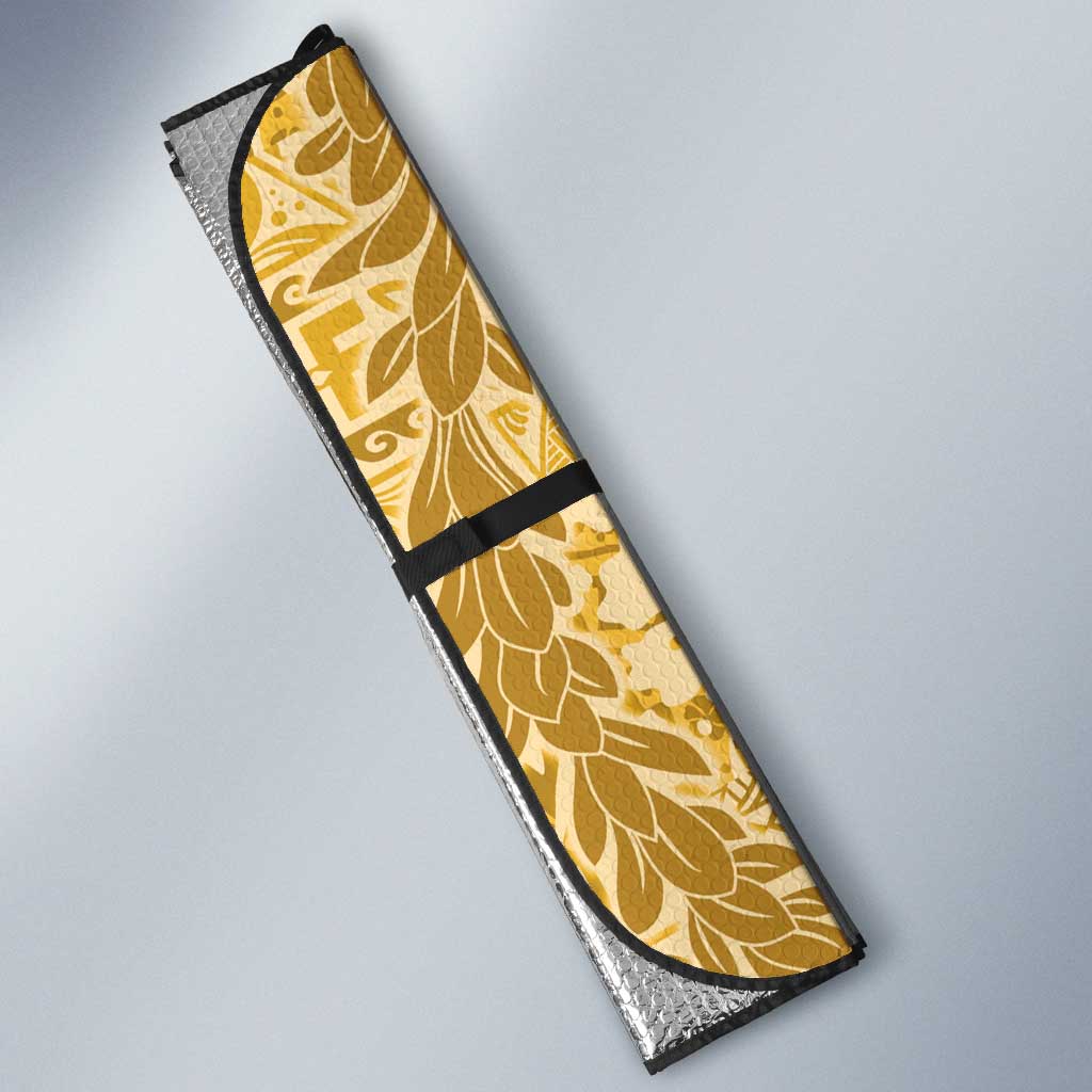 Gold Puakenikeni and Maile Lei Auto Sun Shade Hawaiian Style Tribal Tapa Double Strand Lei - Polynesian Pride