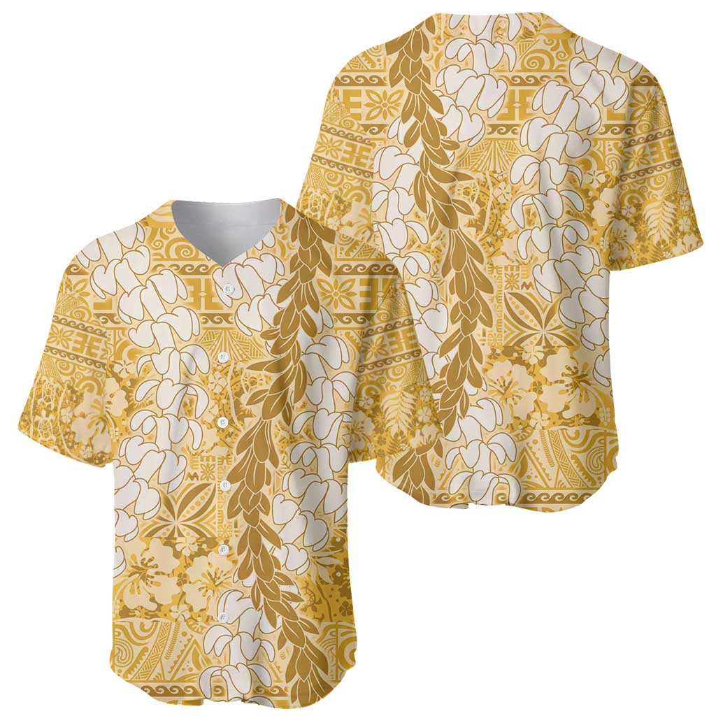 Gold Puakenikeni and Maile Lei Baseball Jersey Hawaiian Style Tribal Tapa Double Strand Lei