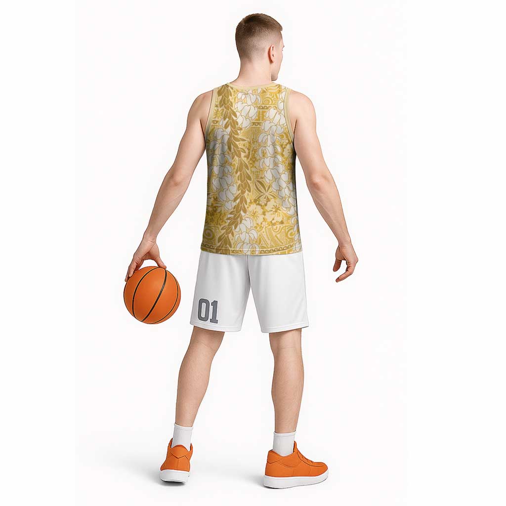 Gold Puakenikeni and Maile Lei Basketball Jersey Hawaiian Style Tribal Tapa Double Strand Lei - Polynesian Pride