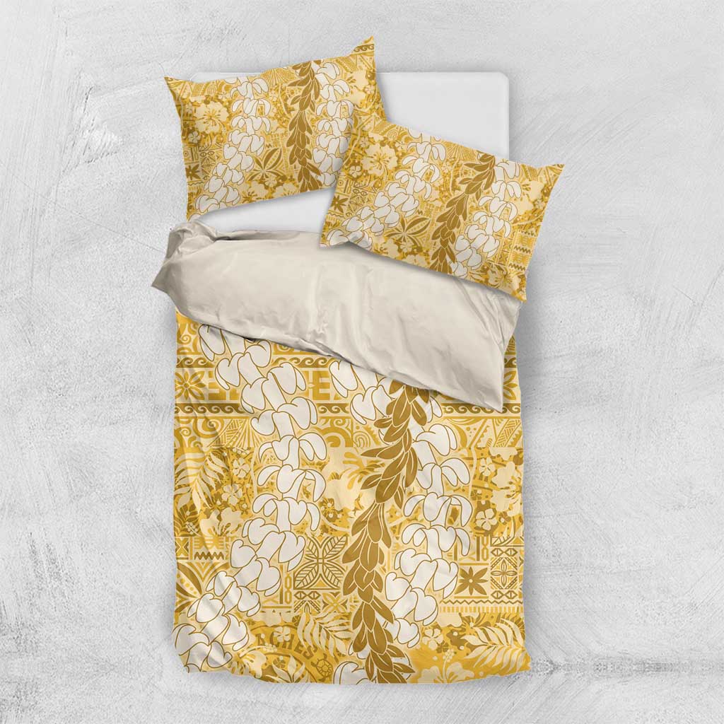 Gold Puakenikeni and Maile Lei Bedding Set Hawaiian Style Tribal Tapa Double Strand Lei