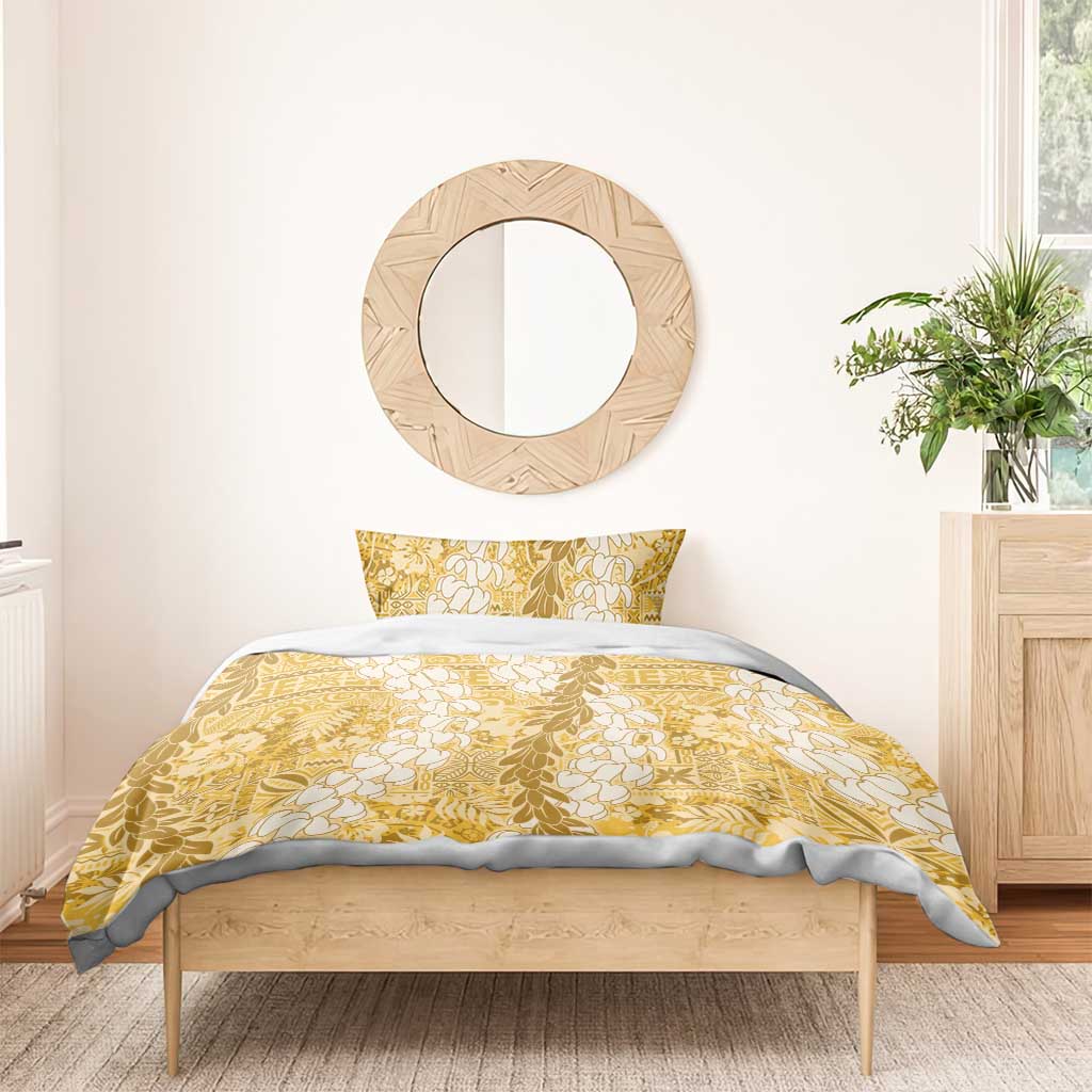 Gold Puakenikeni and Maile Lei Bedding Set Hawaiian Style Tribal Tapa Double Strand Lei