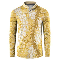 Gold Puakenikeni and Maile Lei Button Sweatshirt Hawaiian Style Tribal Tapa Double Strand Lei LT9 Gold - Polynesian Pride