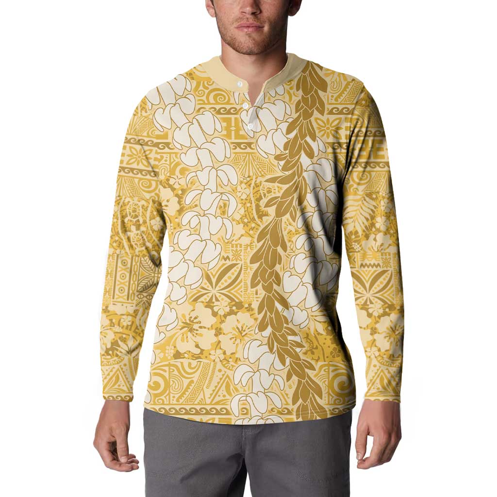 Gold Puakenikeni and Maile Lei Button Sweatshirt Hawaiian Style Tribal Tapa Double Strand Lei LT9 - Polynesian Pride