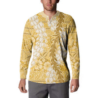 Gold Puakenikeni and Maile Lei Button Sweatshirt Hawaiian Style Tribal Tapa Double Strand Lei LT9 - Polynesian Pride